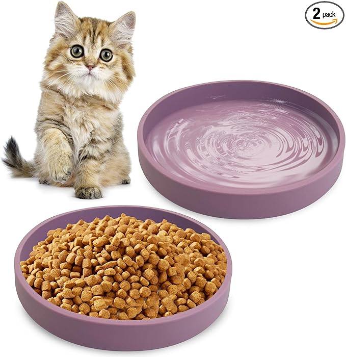 Silicone Cat Food Bowls Shallow Cat Dishes 5.9in Wide Pet Plates Set of 2 Small Flat Dog Saucer Bowl Cute Whisker Fatigue Kitten Feeding Dish for Dry & Wet Food (Round Purple)