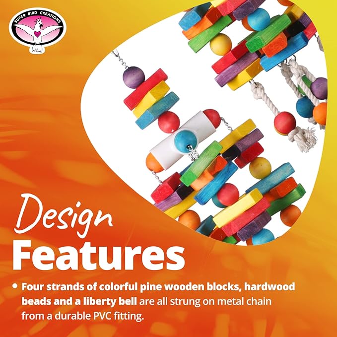 Super Bird Creations - SB478 XL 4 Way Play Bird Toy - Colorful Wooden Blocks, Ringing Bell, and Bird Swing - Perfect Chew Toys for Macaws Parrots & Amazons - Ideal for Large to Extra Large Birds