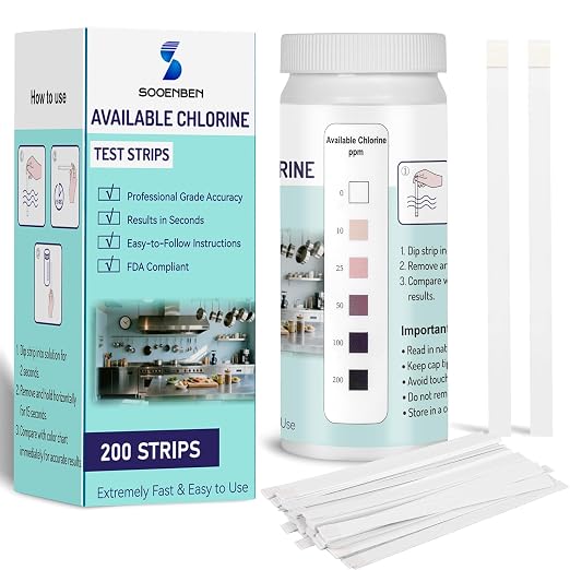 200 Chlorine Test Strips for Food Services, 0-200 ppm Sanitizer Test Kit for Kitchen Supplies, Restaurant, Bars, Hotels, Food Trucks, Precise Bleach Test Strips, Easy to Use and Fast Results