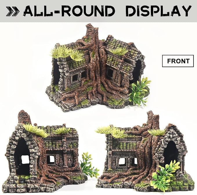 Aquarium Decorations Large Fish Tank Ornament Reptile House Shelter Decor Aquarium Hides with Betta Cave Temple Ruins Tree House Aquarium Landscape Decoration