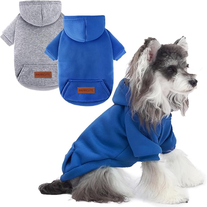 2 Pack Dog Hoodie Warm Hood Dog Sweater Cold Weather Small Dogs Sweatshirt Comfort Pet Clothes for Small Medium Dogs with Pockets (Dark Blue+Grey, S (Back: 9.45",Chest: 14.9", 3.5-5.8lbs))