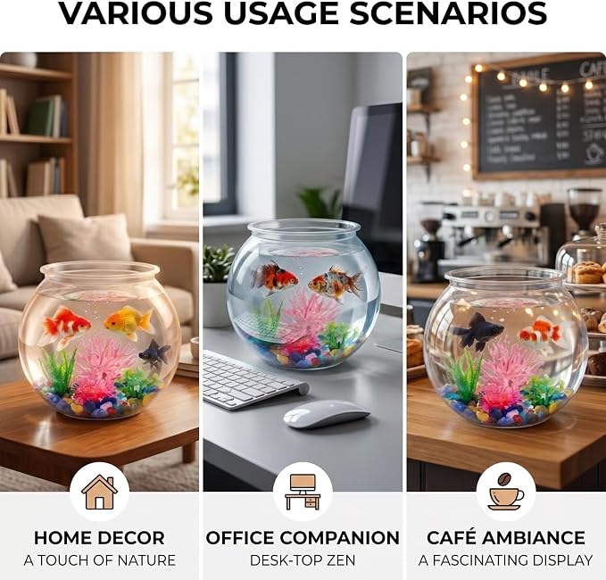 1 Gallon Clear Plastic Fish Bowl Set, Shatterproof Round Aquarium with Colorful Pebbles, 3 Artificial Plants and PVC Coral, Small Betta Fish Tank for Desk, Shelf, Home Decoration