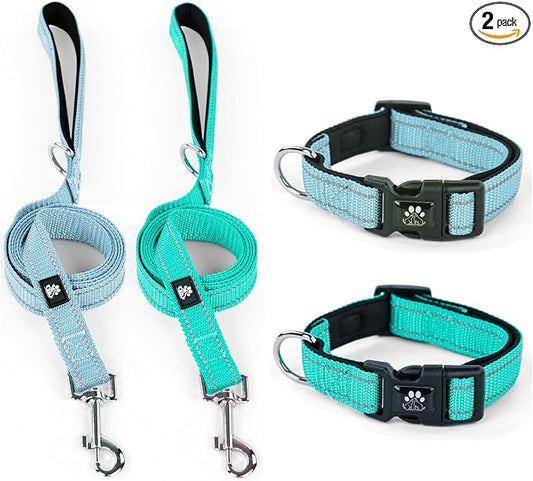 IVY&LANE 2 Pack Reflective Dog Collars and Leashs Set,Adjustable Neoprene Padded Dog Collar for Puppy, Breathable Nylon Pet Collar for Small Medium Large Dogs(Medium,Blue+Teal)