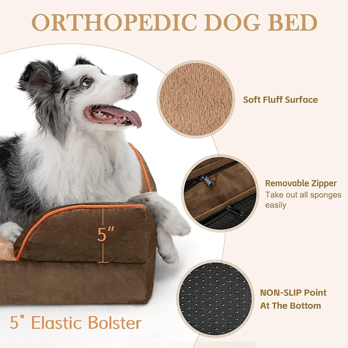 Comfort Expression Orthopedic Dog Bed for Extra Large Dogs 53x42 Inch, Waterproof Supportive Egg Crate Foam XXL Pet Bed with Removable Bolsters, Dog Couch with Washable Cover & Non-Slip Bottom, Brown