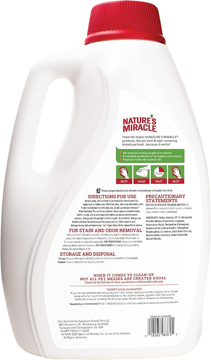 Nature’s Miracle Urine Destroyer Plus for Cats, Enzymatic Formula Tough on Strong Cat Urine And The Yellow Sticky Residue, 1 Gal