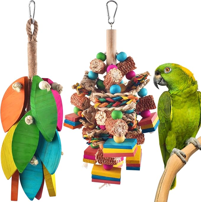 DBNESS 2 Pcs Large Bird Toys, Natural Corn Cob Parrot Chew Toy, Multicolored Leaf-Shaped Chewing Wood Blocks for Large and Medium-Sized Macaws, Cockatoos, Amazon Parrots, African Grey