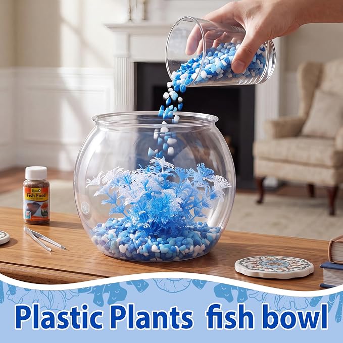1 Gallon Plastic Fish Bowl,Blue,Blue Aquatic Plant | with Artificial Plastic Plant and 1lb Decorative Gravel, Clear Round Goldfish Fish Tank for Table Centerpiece Home Decor