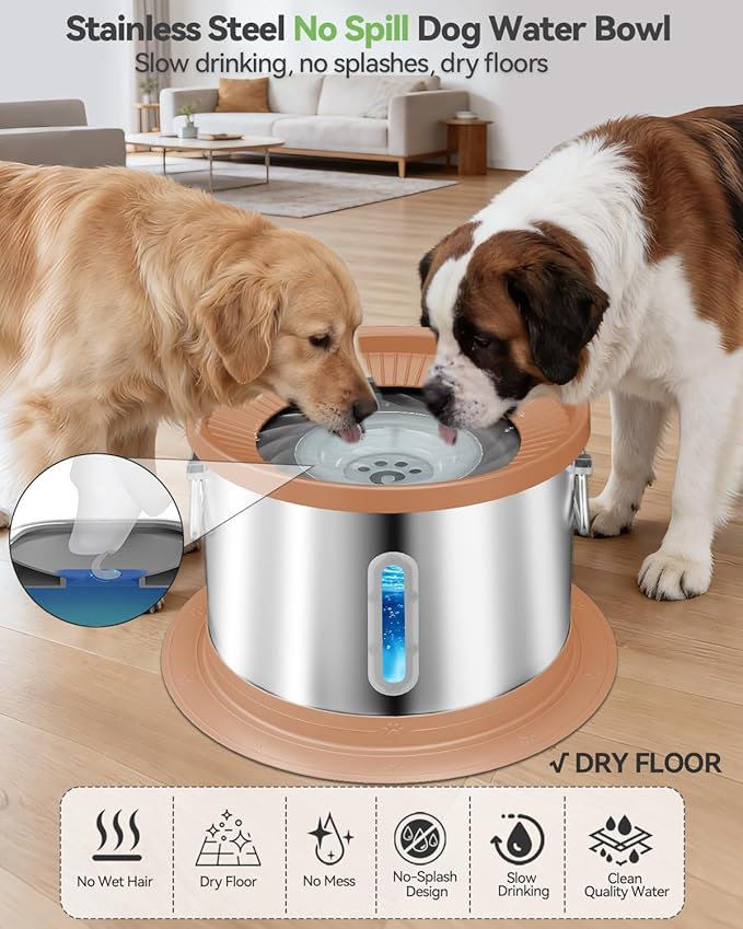 UPSKY 14L No Spill Dog Water Bowl, Stainless Steel Spill Proof Dog Bowl with Water Window, Dual-Suction Anti-Slip Large Capacity Slow Drinking Bowl with Floating Disk for Large Dogs & Messy Drinkers
