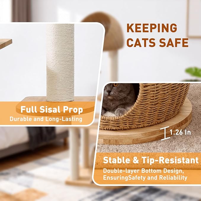 Modern Cat Tree Wood for Indoor Cats, 59-Inch Multi-Level Cat Tower with Scratching Post for Large Cats, Sturdy Cat Condo with Two Handwoven Basket and Capsule, Easy to Clean