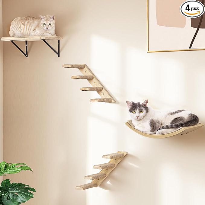 Cat Wall Shelves Set with Sisal Cats Window Perch, 4 Piece Wood Climbing Furniture with Curved Sisal Bed, Flat Shelf & Two Wall-Mounted 4 Steps Cat Stairs