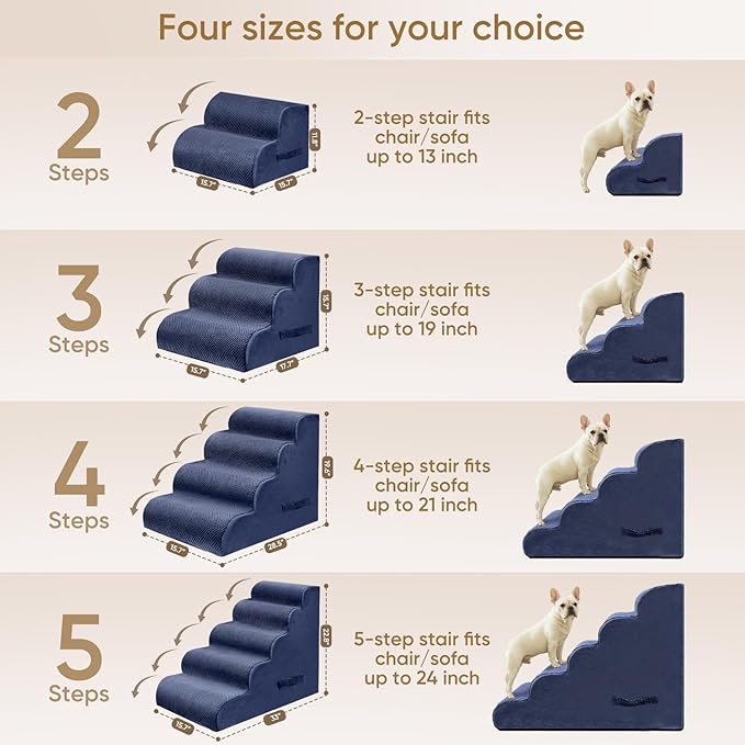 PAWSCRAT Pet Stairs for Dogs 5-Step, 22.8" H Pet Stairs for High Bed, Couch Sofa & Chair, 30D Material Soft Foam Dog Steps with Non-Slip Bottom Surface Removable Washable Cover, Blue