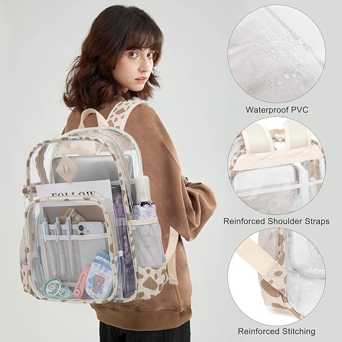 Clear Backpack for Girls Women School Bookbag Heavy Duty Transparent Backpacks (Corduroy Cow Print Khaki)
