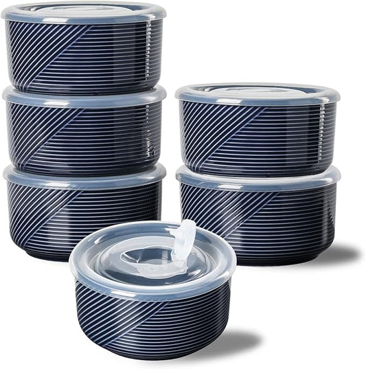 Ceramic Bowls with Lids: 20 oz Microwave Safe Food Storage Containers for Soup, Salad, Cereal, Leftovers, Meal Prep, Lunch, Picnic, Camping, Serving - Airtight, Navy, Set of 6