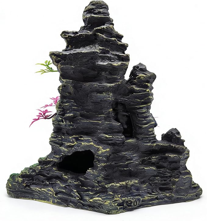 Large Aquarium Decoration Resin Fake Rock Mountain Ornament Landscape Castle Decoration Fighting Fish Reptiles Turtles Hiding Cave Fish Tank Ornaments Accessories - Height 10.7 inches (Purple)