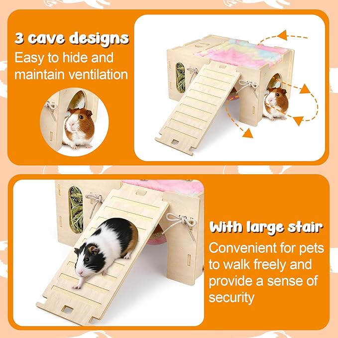 4 in 1 Upgraded Guinea Pig Hideout, Large Guinea Pig Castle with Hay Feeder, Hammock, House and Ramp, Easy to Assemble Wooden Guinea Pigs Toy for Chinchilla Rabbit Guinea Pigs Accessories