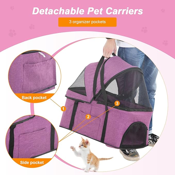 BestPet Pet Stroller Premium 3-in-1 Multifunction Dog Cat Jogger Stroller for Medium Small Dogs Cats with Folding Lightweight Travel & Detachable Carrier,Purple