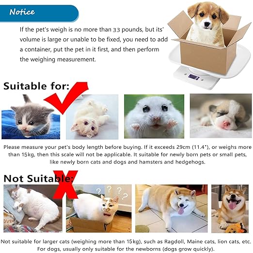 Newborn Kitten & Puppy Weight Scale, Multifunctional Digital Pet Scale, LCD Electronic Small Animal Food Scale, Weighing Max 33lbs, Tray Size 12" x 8", Not for Adult Cats/Dogs (White)