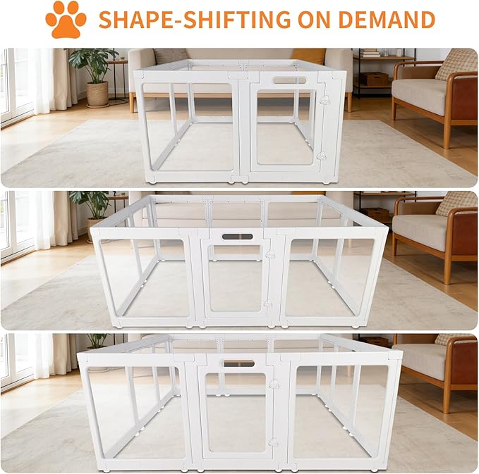 Clear Acrylic Dog Playpen Indoor, Pet Play Pen for Small Dogs Cats Rabbits, 23 Inch-H Pet Fence Crate Kennel Whelping Cage, Easy Assemble, White (10)