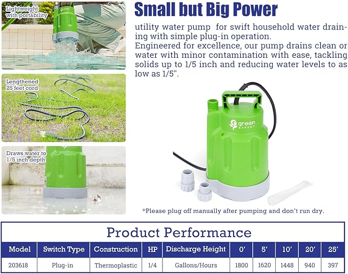 Green Expert 1/4HP Submersible Sump Pump 25-Foot Long Power Cord High Flow 1800GPH for Fast Water Removal Easy to Use in Pool Hot Tub Flooded House Drainage Household Drain Pump Suit to Garden Hoses