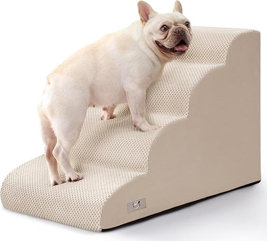 Airpanda Dog Steps for Bed, 4 Step Pet Stairs for Small and Medium Dogs, Non-Slip Dog Ramp with Washable Cover, High-Density Support Foam for Easy Climbing,Beige