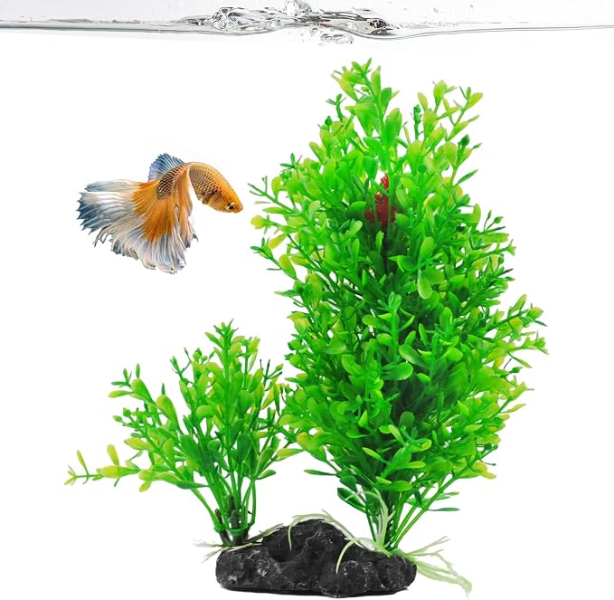 PINVNBY Artificial Aquarium Plants Decorations,Plastic Fish Tank Plant with Base Set Betta Fish Tank Accessories(Green)