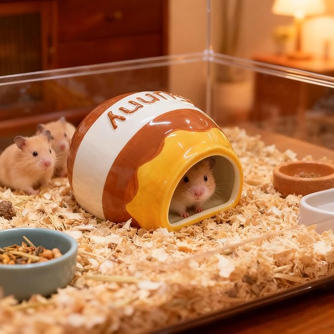 WishLotus Ceramic Hamster Hideout, Cute Honey Jar Shaped Hamster House, Large-Opening Small Animal Hideout, Small Animal Hideout Habitat Decor for Dwarf Hamsters Gerbils Chinchilla (Yellow-Brown)