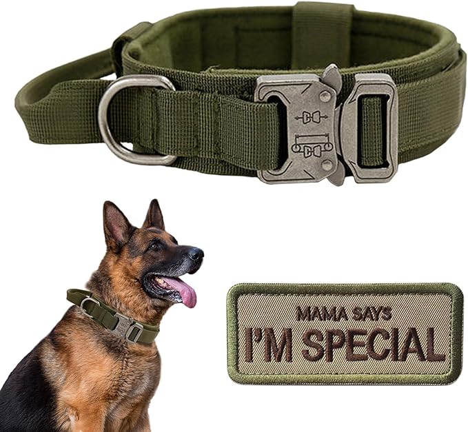 Tactical Dog Collar with Handle - Military Adjustable Dog Training Collar Soft Nylon and Heavy Duty Metal Buckle for Medium Large Dogs - with Patch (Green, Medium)