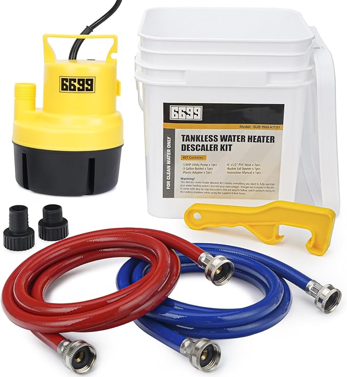 Tankless Water Heater Flushing Kit Includes 1/4HP Submersible Sump Pump with Two Adapters & 3 Gallons Pail with Bucket Lid Opener & Two 1/2” Dia X 6’ PVC Hoses with Washers