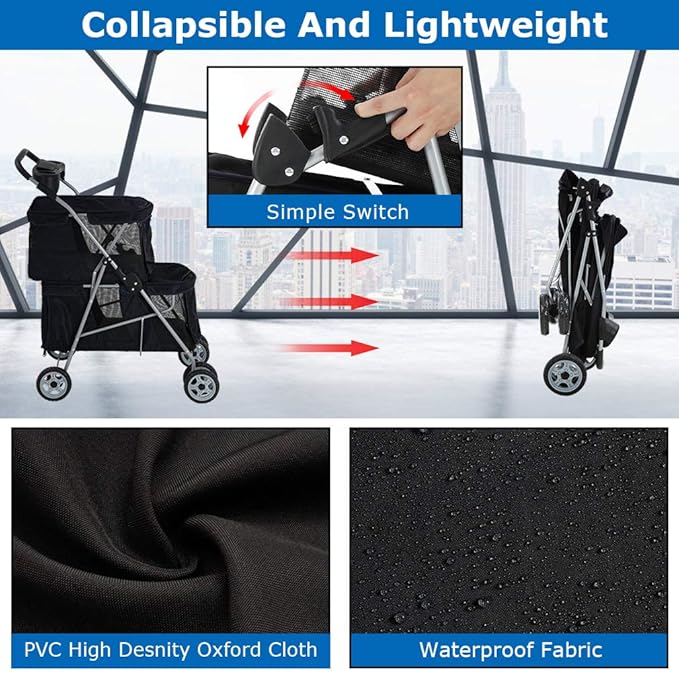 Dog Stroller Cat Pet Carriers for Small Medium Dogs Cats Travel Camping 4 Wheels Lightweight Folding Crate Stroller with Soft Pad (Black)