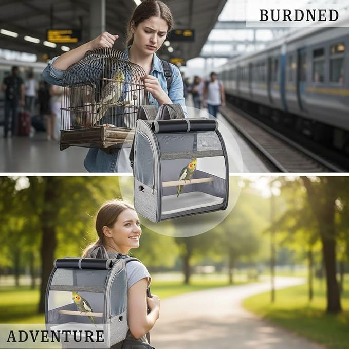 Parrot Backpack Travel Cage; 12.2 X 9.6 X 15 in Breathable Bird Carrier; Gray Backpack with Mesh Window; Removable Perch and Tray