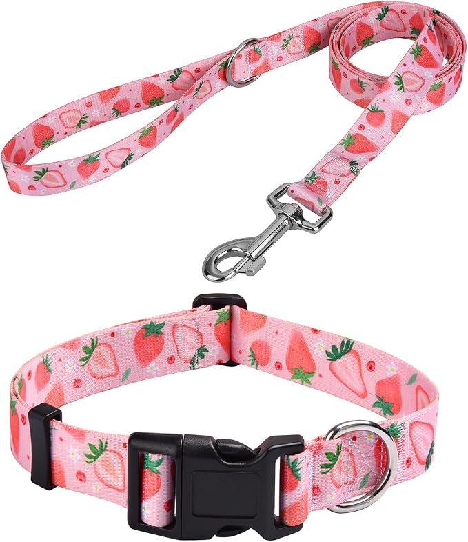 MarukoPet Dog Collar and Leash Set, Adjustable for Small Medium Large Dogs Puppy, Cute Design with Bohemia Floral Tribal Geometric Patterns Boys Girls Dog Collar(Strawberry Set,L)