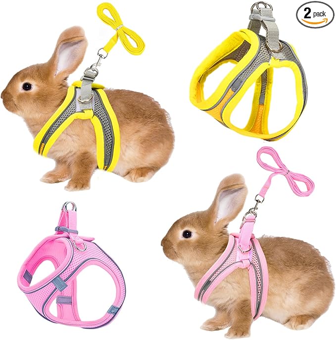 PETKNOWS 2 Pack Rabbit Harness and Leash Set, Double Buckle Bunny Harness with Reflective Strips Soft Breathable Mesh Vest Harness for Rabbits Walks Accessories(Pink and Yellow)