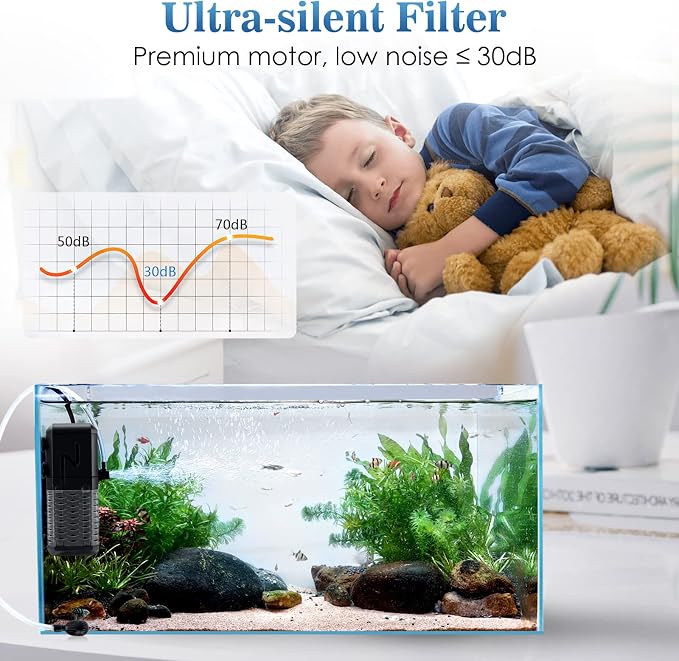 AQQA Submersible Aquarium Filter, Adjustable Flow with Aeration System | Ultra Quiet, Biochemical Sponge Filtration, Fish Tank Filter Built-in Rainfall Aerator, Fits Tanks Up to 50 Gallon,158GPH