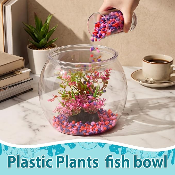 1 Gallon Plastic Fish Bowl,Red,Red Aquatic Plant | with Artificial Plastic Plant and 1lb Decorative Gravel, Clear Round Goldfish Fish Tank for Table Centerpiece Home Decor