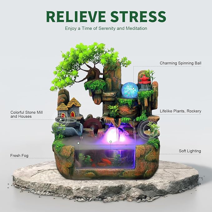 Indoor Fountain Rockery Tabletop Fountain with an Atomizer Elaxation | Water Feature Meditation Desktop Fountains for Home Office Decor or Gift 11.8'' x 7.87'' x 14.9'' with LED Light
