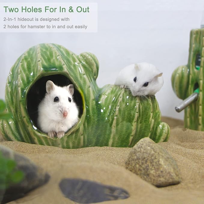 Ceramic Hamster Hideout, Dwarf & Syrian Hamster Hut with Double Doors, Anti-Bite Hideaway House for Mice & Gerbils (Light Green)