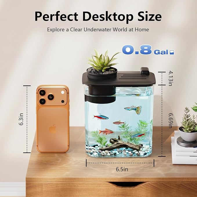 0.8 Gallon Betta Fish Tank Aquarium Starter Kit with Light and Lid(Black) | Premium Acrylic Aquarium with Light and Lid, Crystal Clear Starter Kit for Betta Fish, Shrimp, Snails and Small Fish