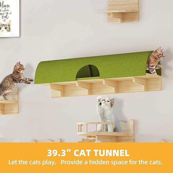 Cat Shelves for Wall, 16-in-1 Solid Wood Wall Mounted Cat Wall Shelves with Tunnel, Scratching Post, Steps & Bridge Ladder, Multi-Level Cat Climbing System, Space Saving, Floating Cat Shelves