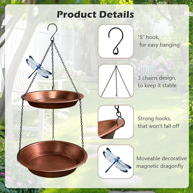 Double Layer Metal Hanging Birdbath 2 in 1 Bird Feeders with Black Chains for Outdoor Garden Yard Decor in Copper Color