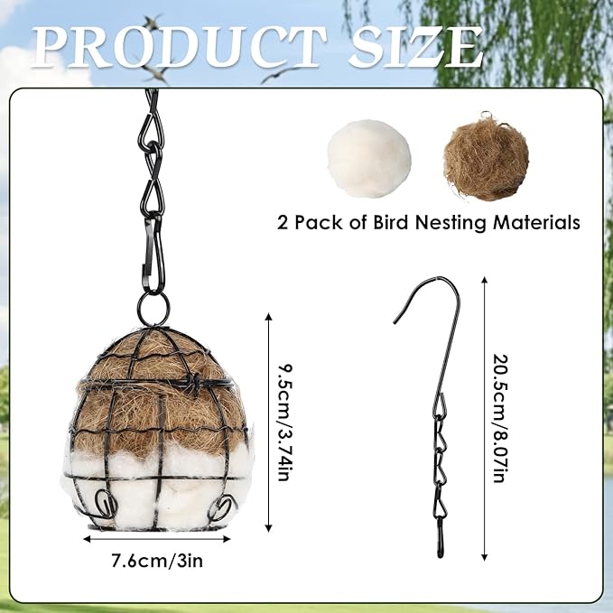 2Pcs Bird Nesting Material Holders with Natural Mixing Cotton Materia for Wild Birds Nesting Station, Refillable Hummingbird Nesting Material Cage Holder for Bird Lover Hummingbird House Material