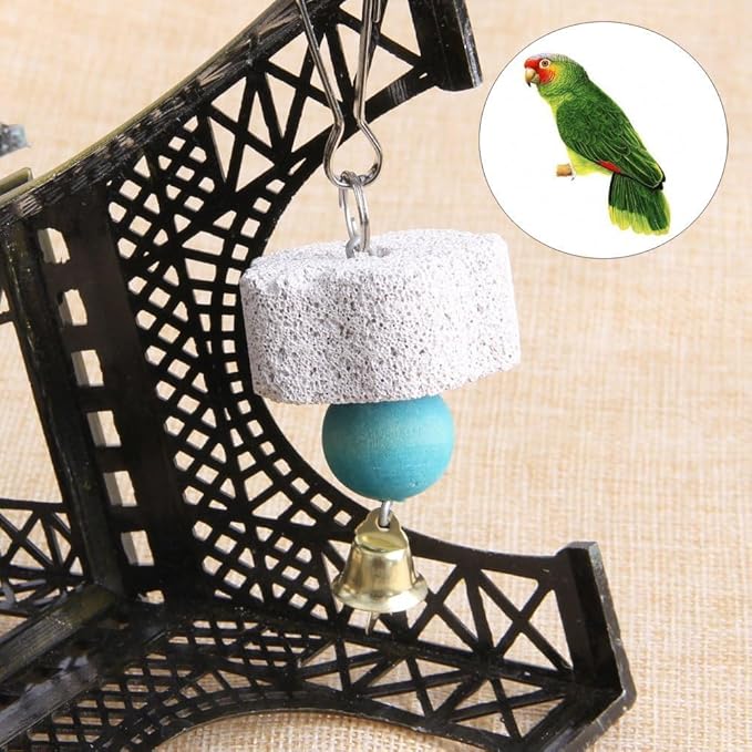 BWESOO Cute Bird Grinding Beak Calcium Stone with Bell Mineral Lava Block Trimming Teeth Chewing Toys for Chinchilla Bunny Parrot Bird Toys
