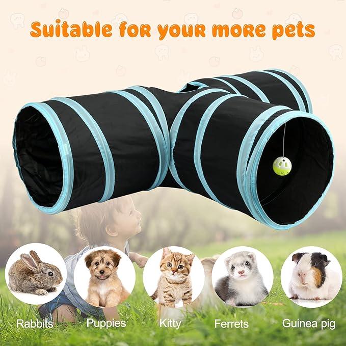 BWOGUE Bunny Tunnels & Tubes Collapsible 3 Way Bunnys Hideout Small Animal Activity Tunnel Toys for Dwarf Rabbits Guinea Pigs Kitty