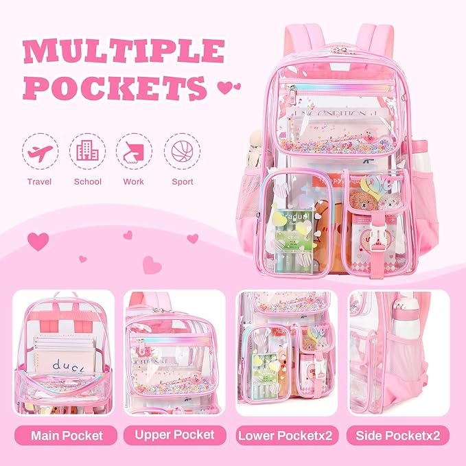 PIG PIG GIRL Clear Backpack for School,Heavy Duty PVC Transparent Bookbag for Girls Stadium Approved See Through Backpack