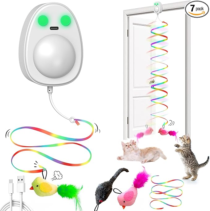 Interactive Cat Toys for Indoor Cats,Electric Flying Bird & Mouse Wand Teaser, Automatic Hanging Door Frame Chase/Hunt/Exercise Stimulate String Cat Toy for Bored Indoor Adult & Kitten