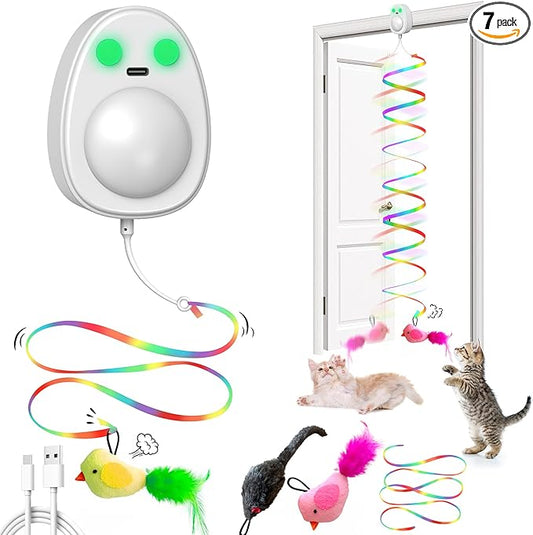 Interactive Cat Toys for Indoor Cats,Electric Flying Bird & Mouse Wand Teaser, Automatic Hanging Door Frame Chase/Hunt/Exercise Stimulate String Cat Toy for Bored Indoor Adult & Kitten