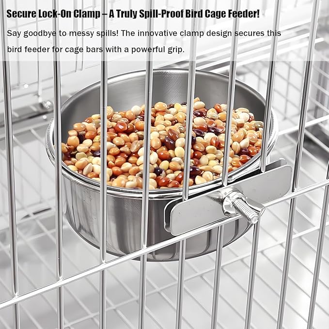 Parrot Feeding Cups Stainless Steel Bird Cage Feeder & Water Bowl - Chew-Proof Food Bowls with Clamp Holder for Parrot, Cockatiel, Conure, Budgie, Macaw, and Small Animals (S-1Pc)