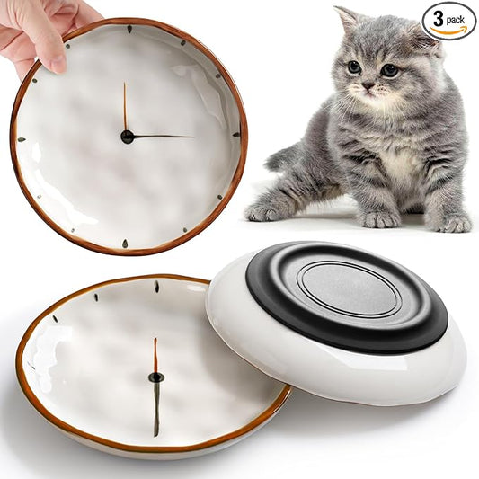 WROSWT Clock Cat Food Bowl,Non-Slip Silicone Bottom Cat Bowls for Indoor Cats,Anti Whisker Fatigue Cats Dishes Set,Shallow Wide Kitten Plates for Food and Water,3 Pack