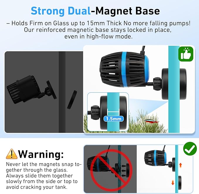AQQA Magnetic Wave Maker for Aquarium - DC 12V Circulation Pump | External Controller 4-Speed Adjustable Flow & Feeding Mode, Submersible Powerhead for Freshwater Saltwater Tanks(20W 2115GPH)