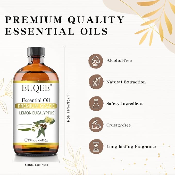 EUQEE Lemon Eucalyptus Essential Oil Pure Lemon Eucalyptus Oil, Large Capacity Essential Oil with Glass Dropper for Diffuser, Candle Making - 118ml / 4 Fl.Oz