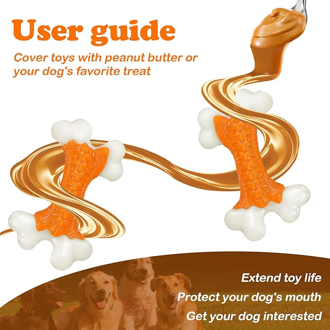 Kseroo Indestructible Dog Toys for Aggressive Chewers: Peanut Butter Flavored Hard Nylon Bone Chew Toys, Tough Dog Chew Toys for Large Dogs, Dog Toys to Keep Them Busy for Medium Large Breed, Orange